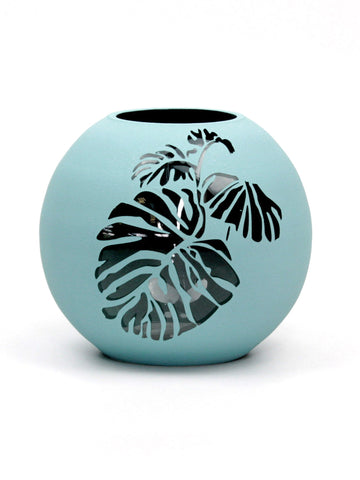 Handpainted Glass Vase | Painted Blue Leaves Art Glass Round Vase | Interior Design Home Room Decor | Table vase 6 inch | 5578/180/sh160.2